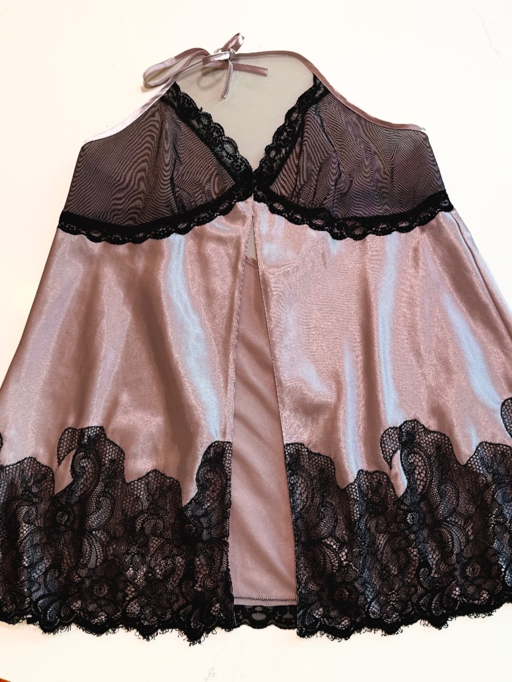 Valerie Stevens Vintage Pink Satin Black Lace Babydoll Nightgown Medium